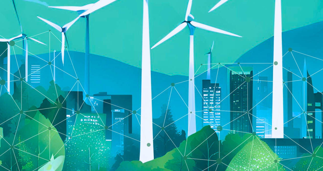 Billede i blå og grønne farver med vindmøller, træer og bygninger. Er header billede på siden.