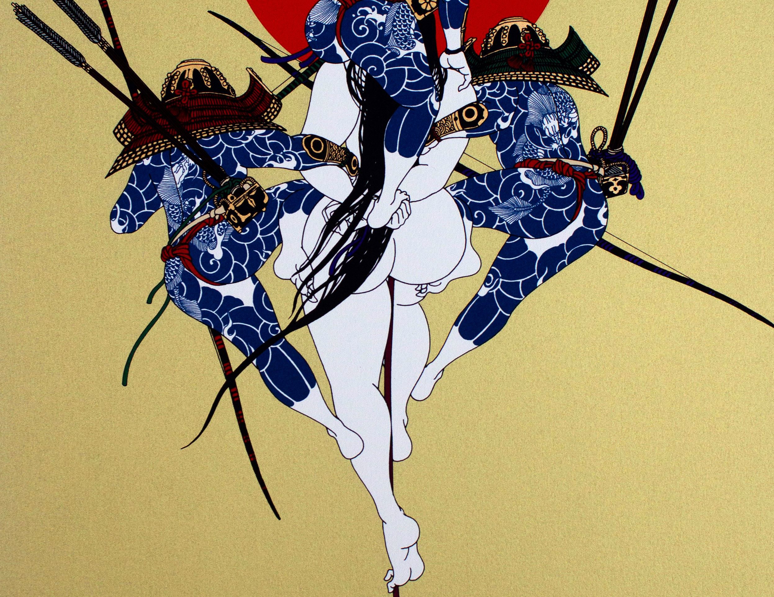 Kunstværk: Tre samuraier, en nøgen kvinde og en rød sol