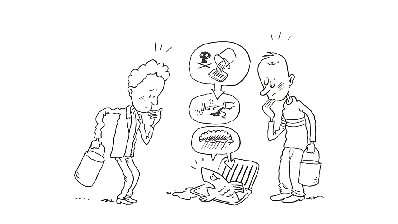 Billedet viser en fisk, der ikke er tilfreds med de ting, der bliver hældt i kloakken.